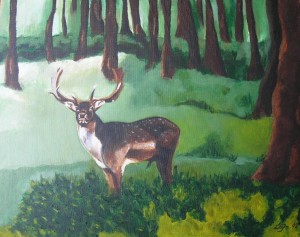 Fallow buck in the woods, acrylic, 20"x16"