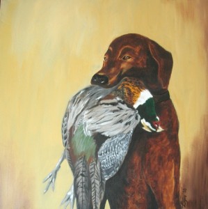 Chocolate labrador retrieving pheasant, acrylic, 20"x20"